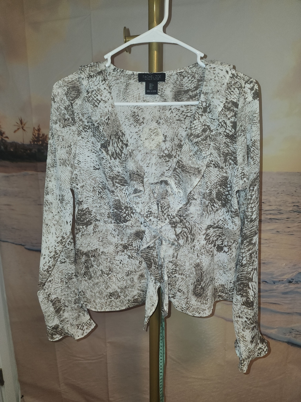 Rachel Zoe Cream and Brown Printed Tie-Front Blouse
